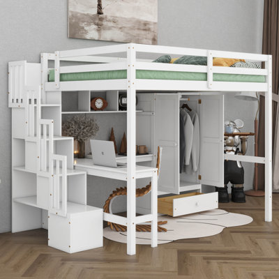 Lit mezzanine en bois avec bureau, étagères et armoire avec portes et tiroir, escalier intégré avec étagères de rangement
