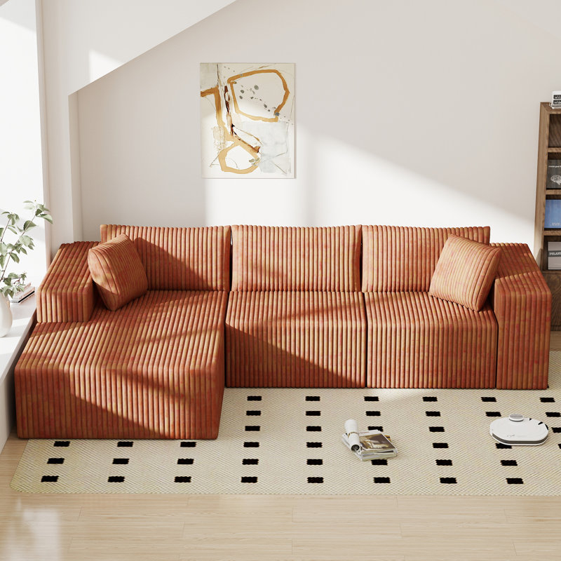Canapé modulaire en velours côtelé à compression en L 108 po avec méridienne profonde en velours côtelé, sans assemblage requis | Livraison en boîte compressée
