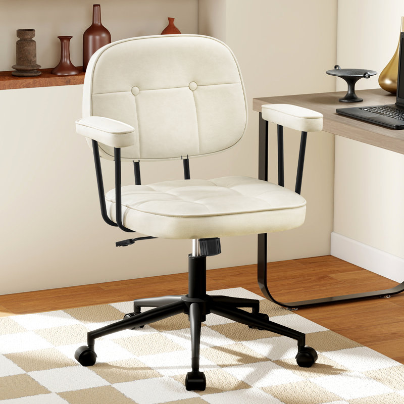 Ergonomic Swivel Home Office Chair, Faux Leather Arm Task Chair with Low Back,Rocking Function., Beige