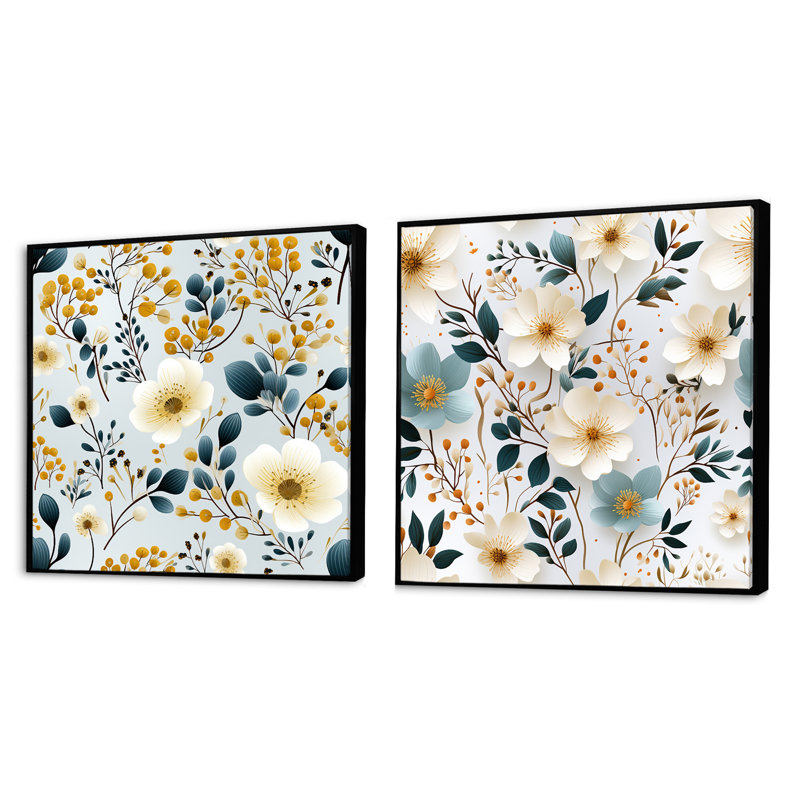 Adeline - Ensemble de 2 collages carrés floraux, Cadre flottant noir, H 16 po x l 33 po