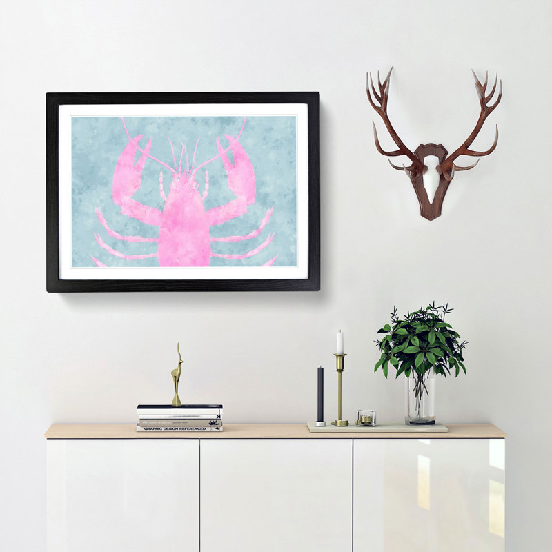 Pink And Duck Egg Blue Lobster - Single Picture Frame Print, Black, 33cm H x 45cm W x 2cm D