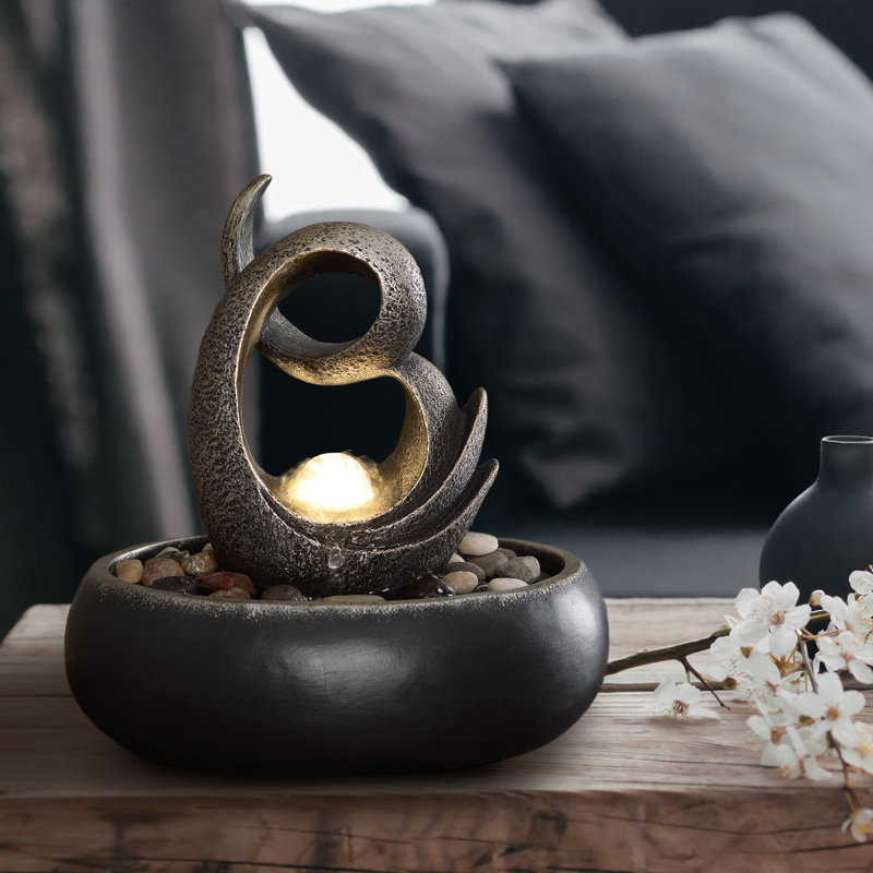 Charcoal Polyresin Tabletop Fountain with LED Light