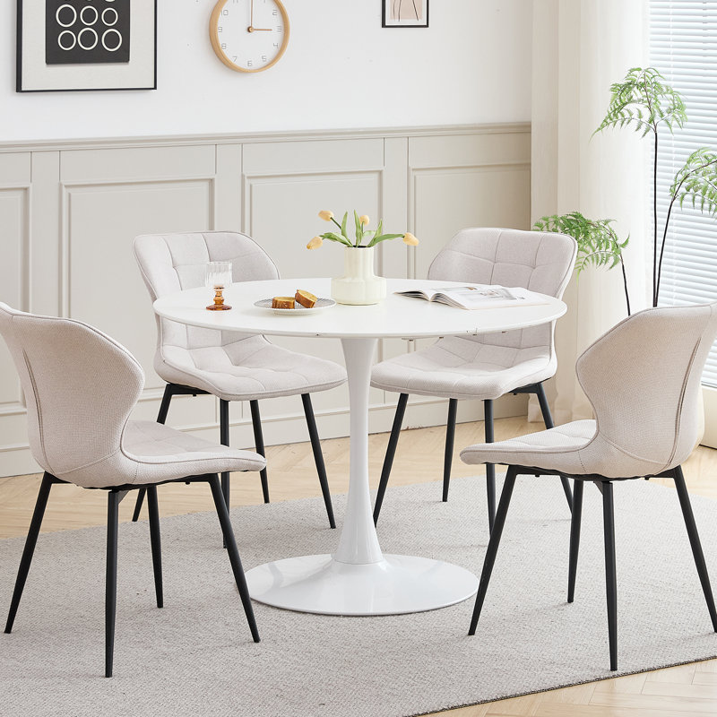 Modern Linen Fabric Dining Chair, Upholstered Side Chair with Metal Legs, Kitchen Accent Chair, White
