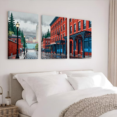 Ensemble de 3 tableaux muraux sur toile représentant une scène de rue urbaine