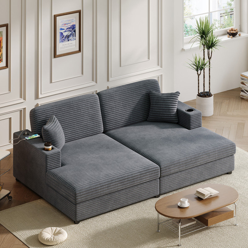 Causeuses-lits rembourrés 86,5 po avec port USB et porte-gobelets, Gris foncé