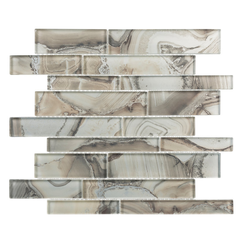 Myst Brick Joint Agate Inspired Polished Glass Wall Mosaic Tile, Nero