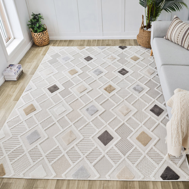 Rug Branch Kintsu 4' x 6' (3'11" x 5'7") Cream/Beige Geometric Indoor Area Rug, Comtemporary, Medium Pile, Stain-Resistant Carpet - Living Room, Bedroom, Dining Room, and Kitchen