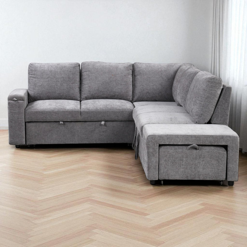 L-Shaped Upholstered Sectional Sofa Bed With Usb Ports, Ottoman And Storage, Gray Polyester