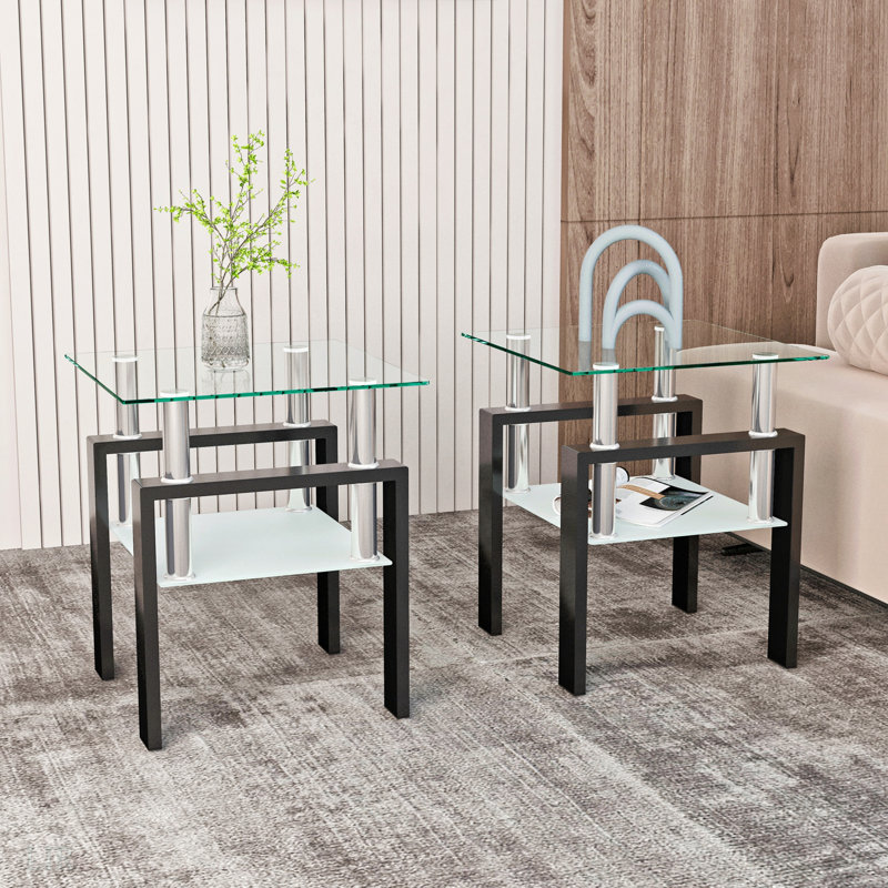 Ensemble de 2, table basse moderne en verre trempé, table de bout, table carrée pour le salon, table de bout, Transparent