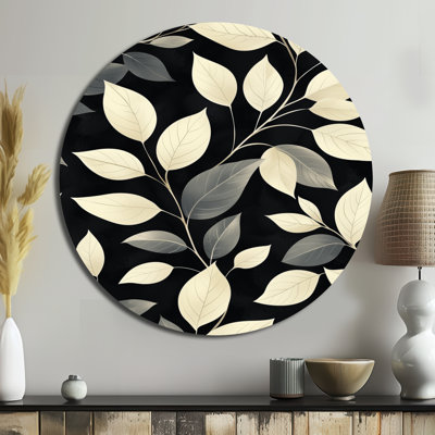 Black Beige Leaves Gentle Breeze II - Leaves Round Metal Wall Art