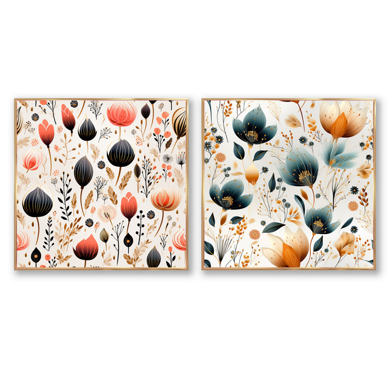 Ensemble de 2 collages carrés botaniques abstraits, Cadre flottant doré, H 30 po x l 61 po