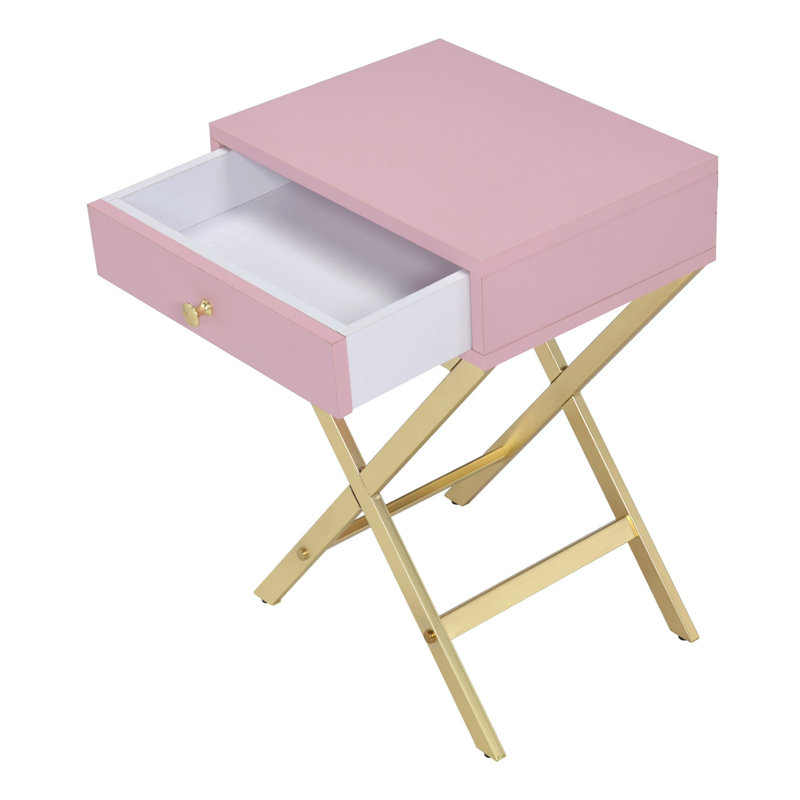 Rectangular Side Table With One Drawer, Pink And Gold