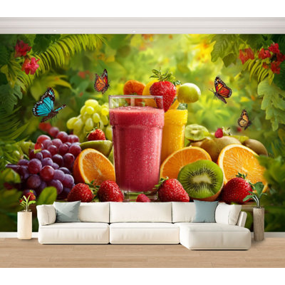 Wall Mural Peel and Stick Wallpaper Colorful Fruit Smoothie Stand Strawberries Grapes Butterflies Self-Adhesive Removable Contact Paper Wall Decor for Living Room Bedroom 100"H x 144"W