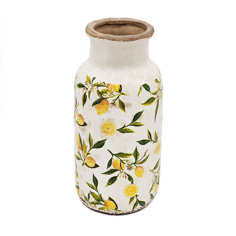 Vase en céramique blanche avec motif jaune citron, H 11,8 po x l 5,7 po x P 5,7 po
