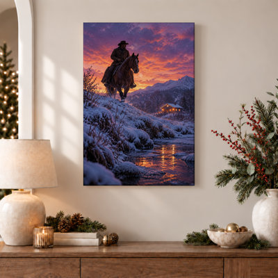 «Cowboy on Horse in Snowy Mountains at Sunset Christmas», art mural sur toile