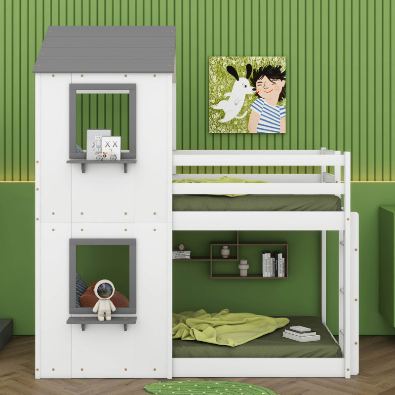 Charming Wooden Twin - Over - Twin Bunk Bed With Roof Design, White