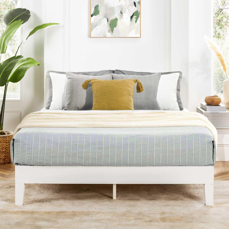 Lit plateforme en bois massif blanc avec lattes de bois sans sommier simple à assembler 12 po Grand, Double