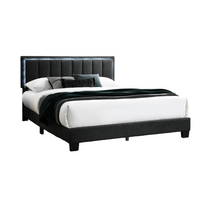 Modern Full Bed With Charcoal Wool Fabric, Channel Tufting Headboard, In - Built Led, And Platform Setup Contemporary Featuring Fabric Upholstered Stitching, Design No Box Spring