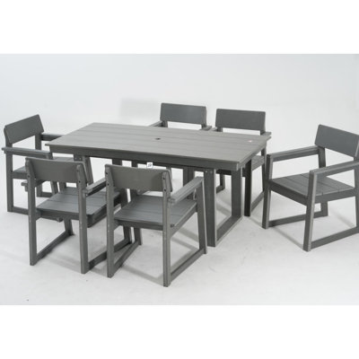 7 Outdoor Dining For 6 Grey Weather- Patio Table With Umbrella Hole And Armrest Chairs, Modern Seating , Low Cost Maintenance Poolside Deck, High Durability