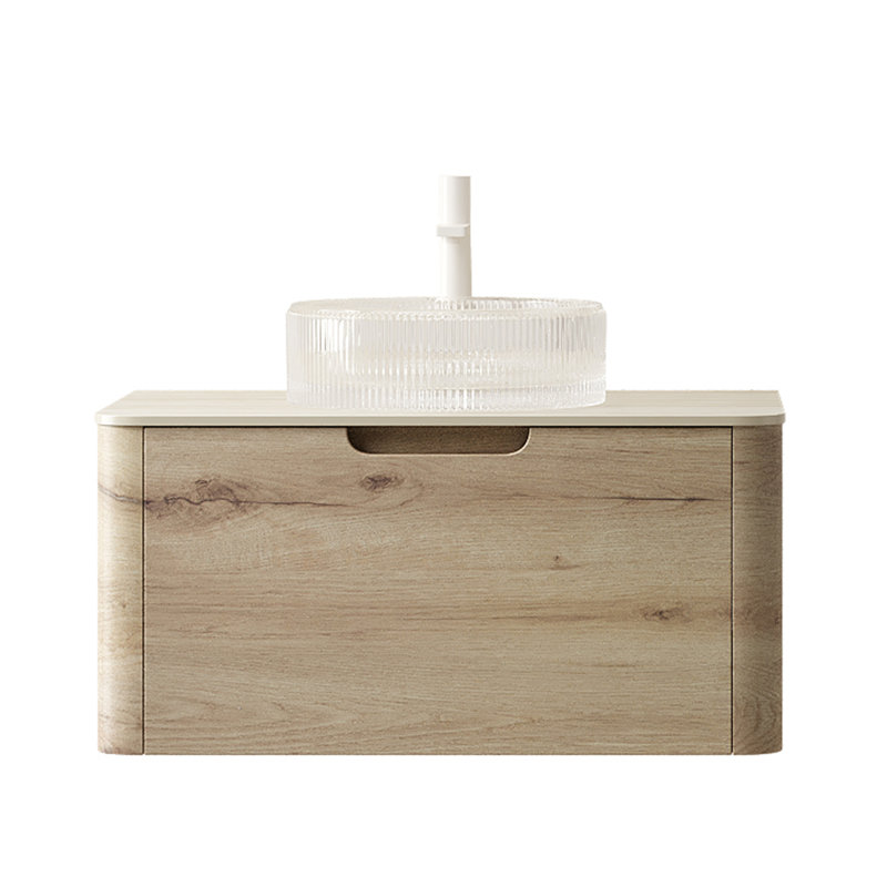 Meuble-lavabo rond transparent en verre transparent de 30 po avec comptoir en pierre frittée à motif, armoire en contreplaqué avec tiroir, chêne blanc, système de fermeture en douceur, configuration de meuble-lavabo rapide et lisse, plateau, flottant