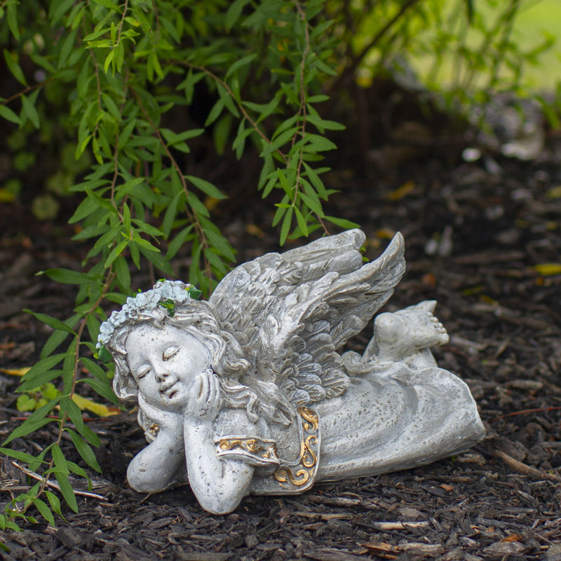 Whimsical Gray Polyresin Angel Garden Statue with Gold Accents