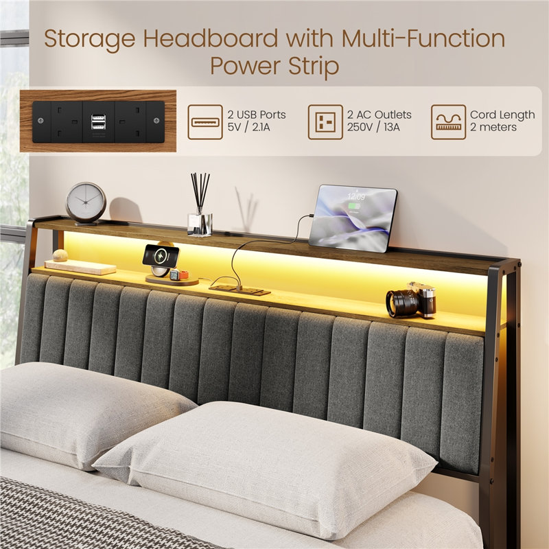 Metal Bed Frame with Upholstered Storage Headboard , Kingsize (5')