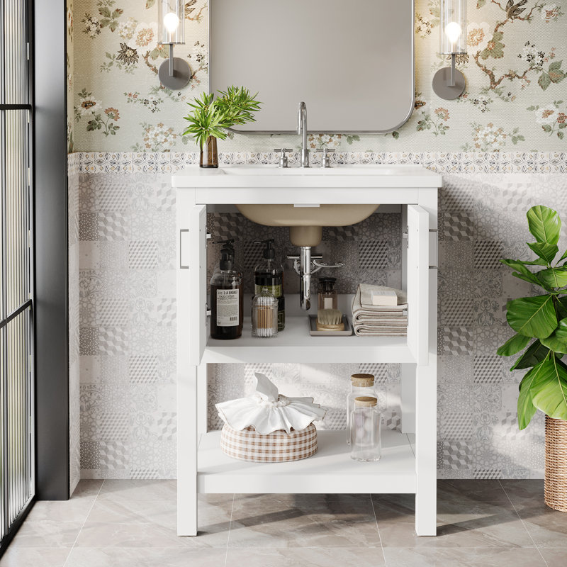 24'' Single Bathroom Vanity With Ceramic Top, Solid Wood Frame Freestanding Vanity with Door Organizer, White/Silver, 24", 2