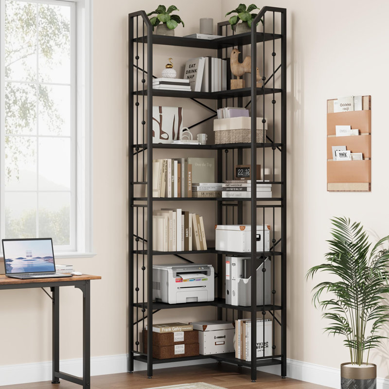 l-Shaped Corner Bookshelf, 5/7-Tier Tall Bookcase, Industrial Storage Display Shelves for Living Room, Home Office, Black