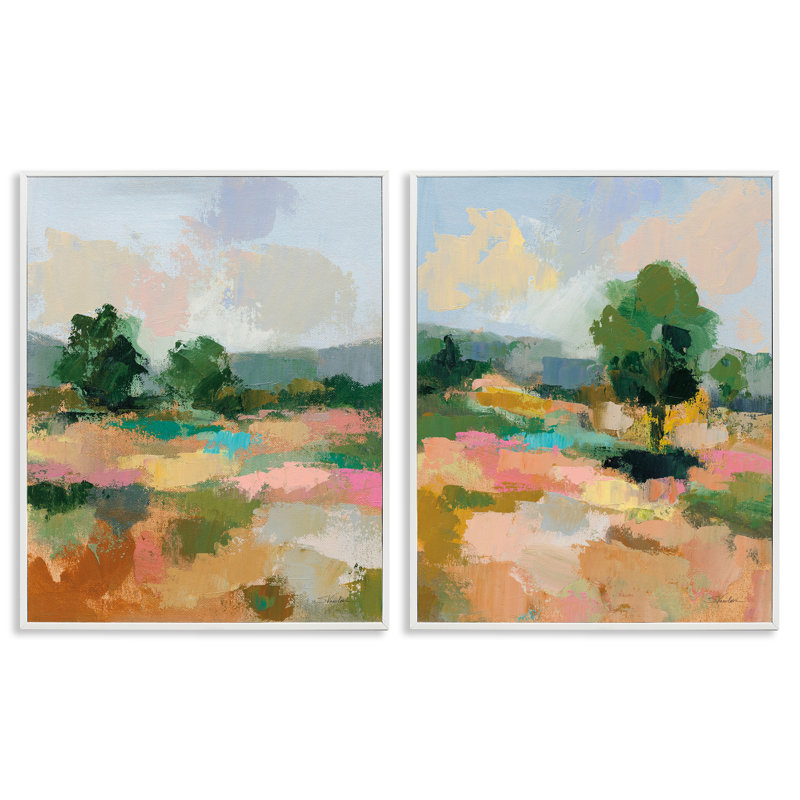 «Spring Field Abstract Landscape», ensemble de 2 giclées sur toile par Silvia Vassileva, Giclée encadrée blanc bord de mer