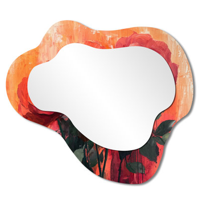Flowers Rose Sunset Hues Bouquet - Roses Asymmetrical Wall Mirror, Modern Vanity Mirror, Printed on Metal