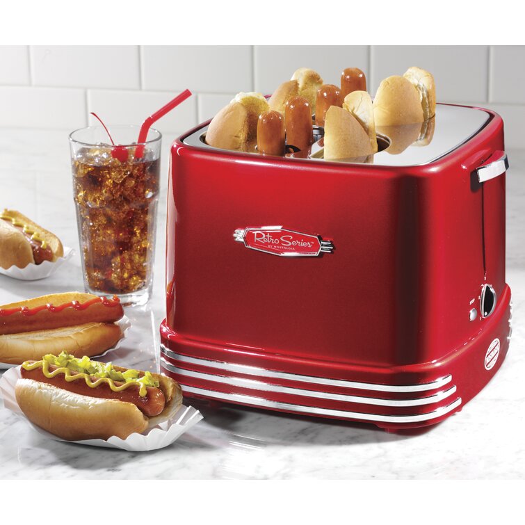 Nostalgia 4 Slot Hot Dog and Bun Toaster with Mini Tongs, Hot Dog Toaster  Works with Chicken, Turkey, Veggie Links, Sausages and Brats, Metallic Red