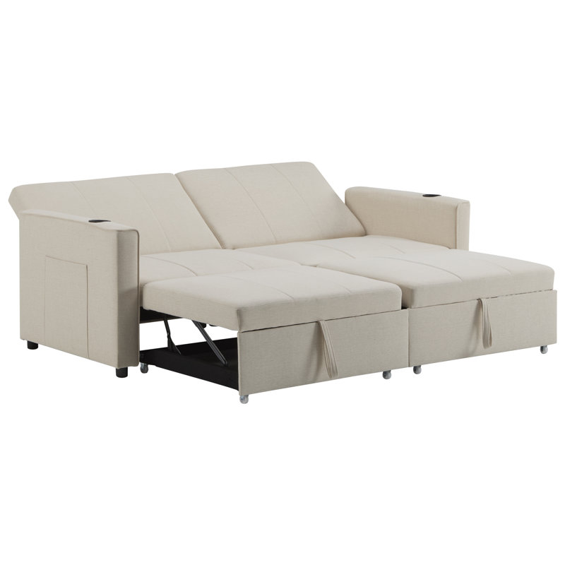 Pull Out Sofa Bed With Cup Holders, Beige