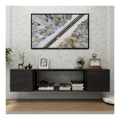 Support mural flottant pour téléviseur de 80 po - Console en bois robuste, capacité de poids élevée et gestion des câbles cachés, style contemporain (noir)