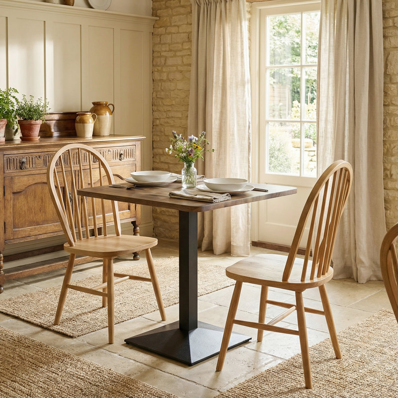 Table de salle à manger carrée avec base en acier, grain de bois de noyer