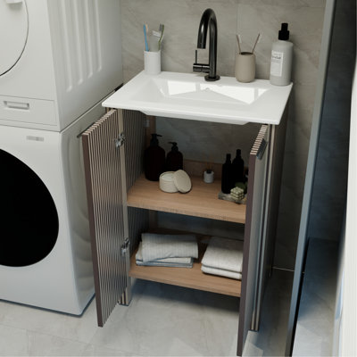 Meuble-lavabo de salle de bain pliable au sol brun de 30 pouces et lavabo en céramique blanche, lavabo simple en résine, base recouverte, procédé d'assemblage enduit d'armoire
