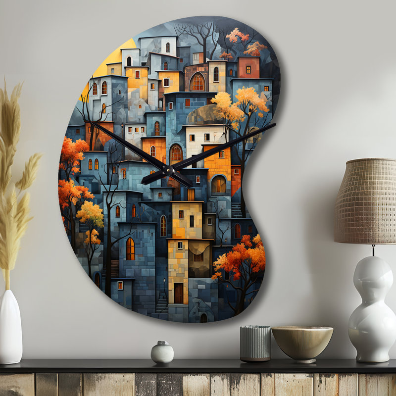 Horloge murale industrielle en métal Cityscape Exquis Blue II - forme unique, Grand