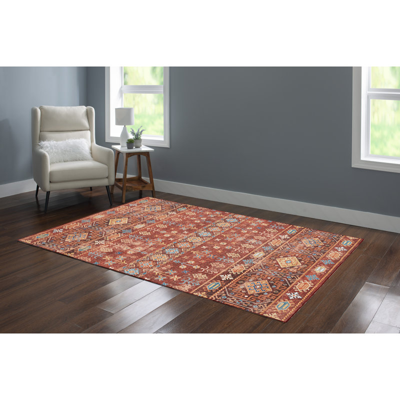 Washable Red and Ivory Machine Woven Area Rug, Rectangle 5' x 7'