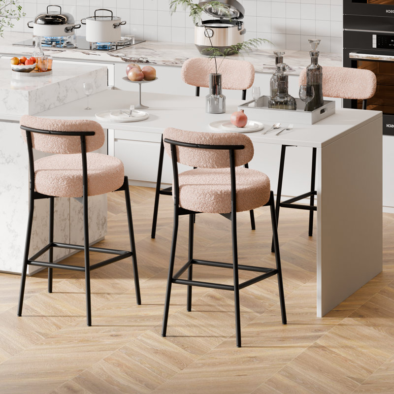 Sherpa Counter Height Bar Stools Set of 2 Modern Upholstered Barstools with Curved Open Back/Round Seat Boucle Comfortable Bar Chairs for Kitchen Island, 24.6 Inch