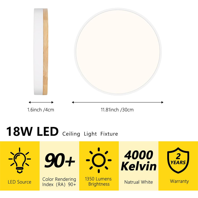 Modern Wood Ceiling Light,Round LED Flush Mount Ceiling Light,Minimalist Ceiling Lamp Ceiling Lighting Fixtures For Kitchen Bedroom Laundry Room Living Room Entryway Hallway&11.81 In