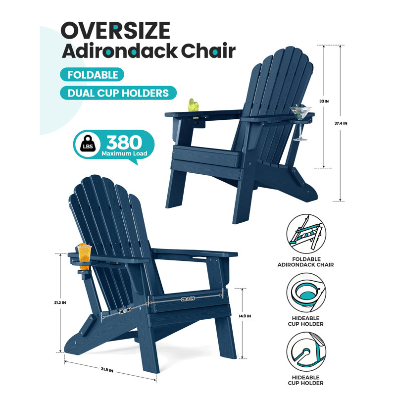 Folding HDPE Adirondack Chair with Dual Cup Holders – All-Weather Outdoor Patio Chair, Navy