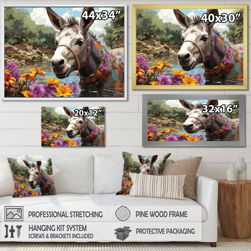 Farmhouse Donkeys Flower Charm III - âne, art mural, Cadre flottant blanc, H 12 po x l 20 po x P 1 po