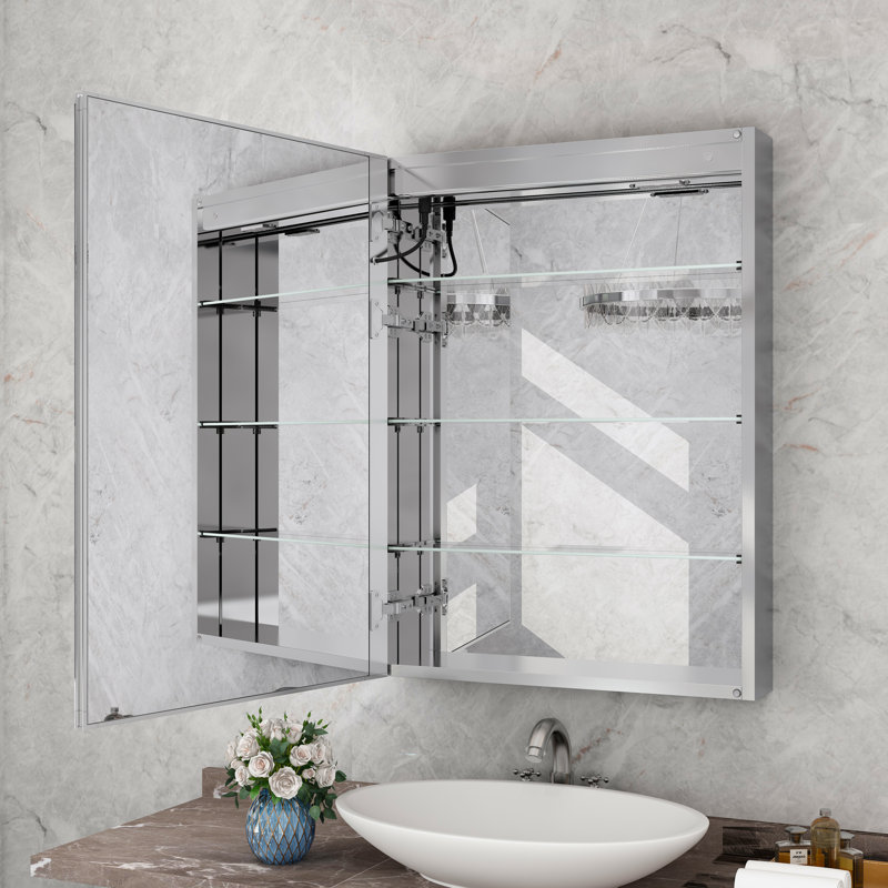 Hartli Recessed or Surface Mount LED Medicine Cabinet Mirror with Dimmable Light & Socket, Silver, Left-opening