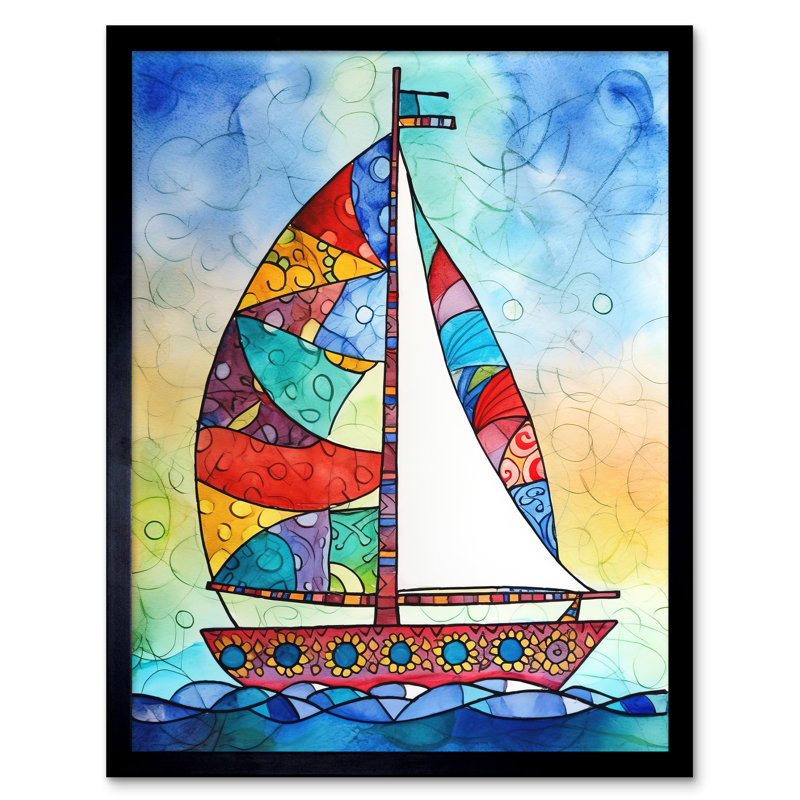 Sailboat With Flower Pattern Folk Art Art Print Framed Poster Wall Decor 12x16 inch