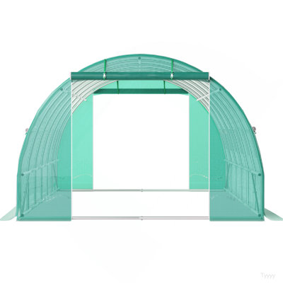Walk-In Tunnel Greenhouse, 14.8 X 6.6 X 6.6 Ft Portable Plant Hot House W/ Galvanized Steel Hoops, 1 Top Beam, Diagonal Poles, Zippered Door & 8 Roll-Up Windows, Green