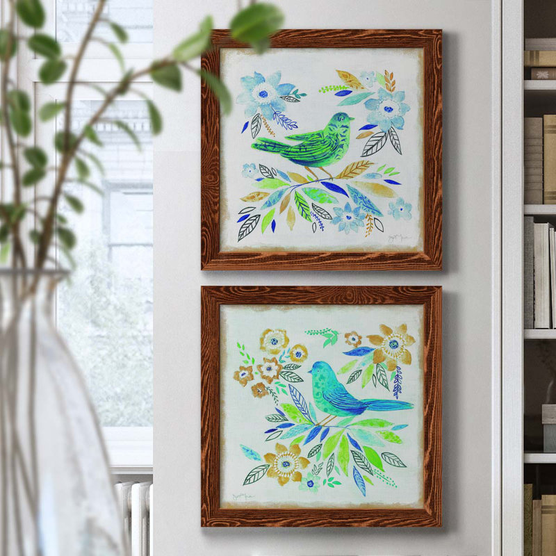 Oiseau Chanteur I - ensemble de 2 peintures sur toile encadrées, H 17 po x l 34 po x P 1,5 po, Cadre en érable