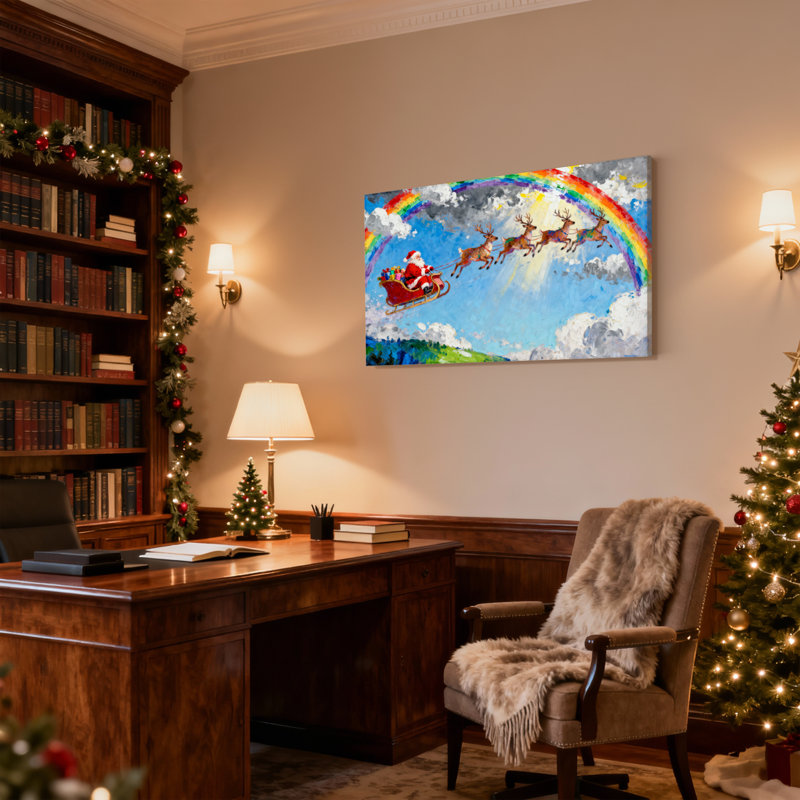 «Christmas Santa Flying With Reindeer and Rainbow», ensemble de 3 reproductions d'art sur toile, H 24 po x l 36 po