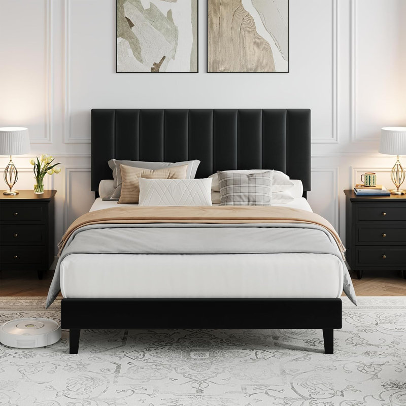 Upholstered Platform Bed with Velvet and Striped Headboard, Full Size/Black