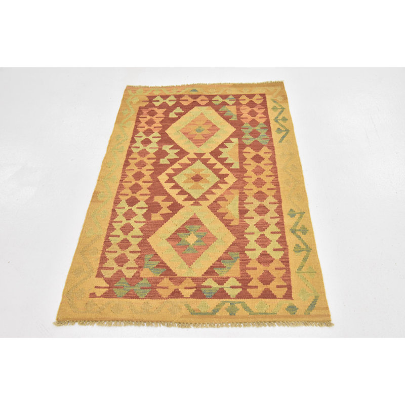 Tapis en laine rouge/beige 2 pi 9 po x 4 pi en laine noué la à la main one-of-kind Elland