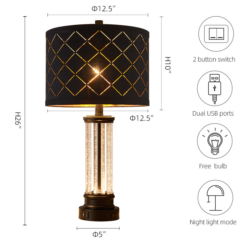 Annora 26" Crystal Table Lamp Set With Night Light And USB Ports