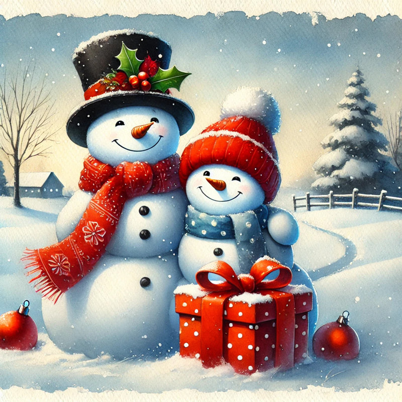 Art mural sur toile Winter Wonderland: Bonhomme de neige avec cadeaux, H 20 po x l 20 po